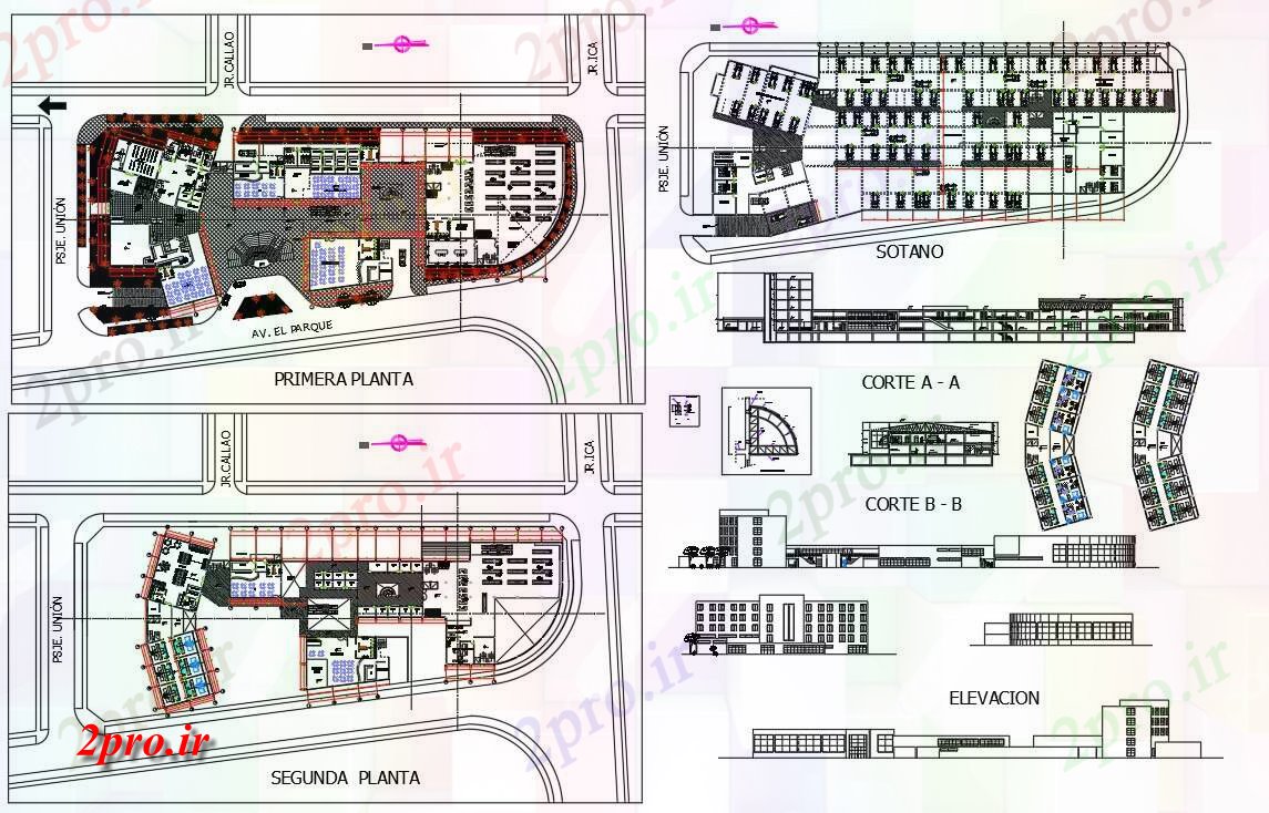 دانلود نقشه هتل - رستوران - اقامتگاه پروژه ساختمان هتل برای طراحی با 55 در 141 متر (کد54228)