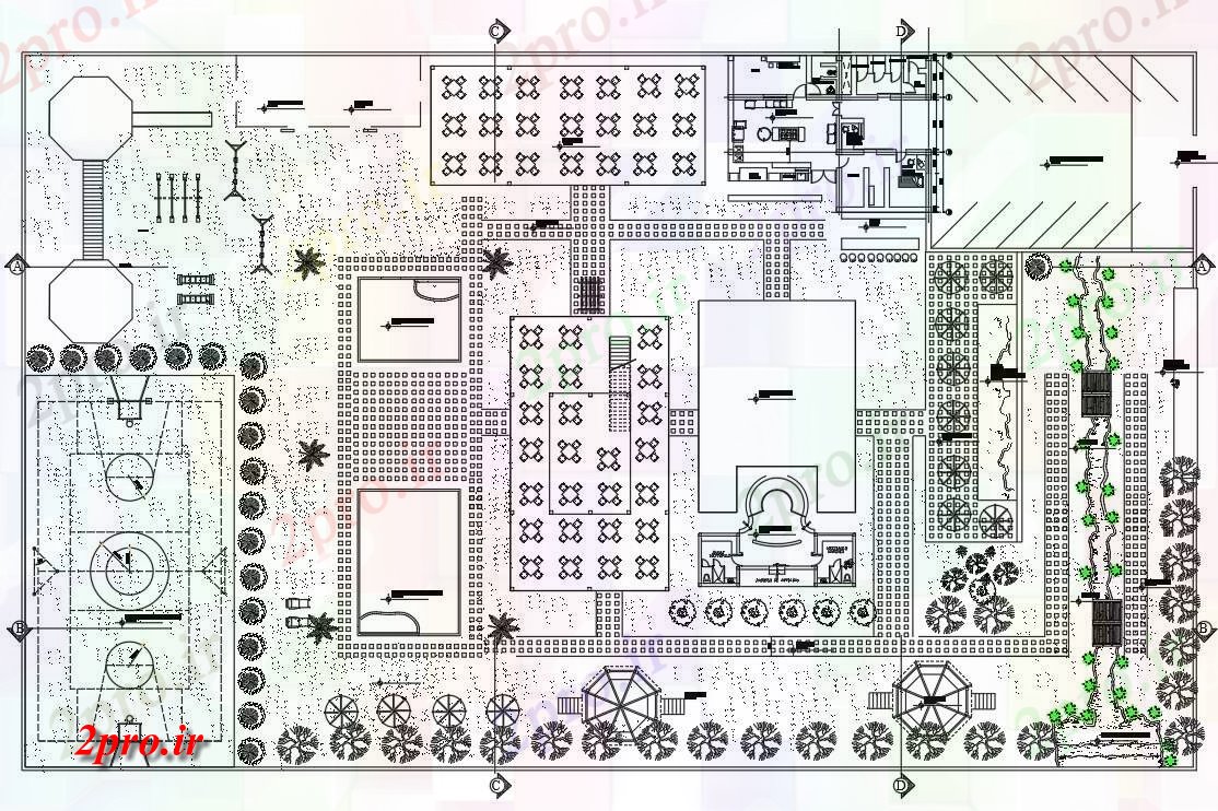 دانلود نقشه هتل - رستوران - اقامتگاه رستوران مبلمان طراحی و طرحی بندی طرحی با 55 در 90 متر (کد54266)