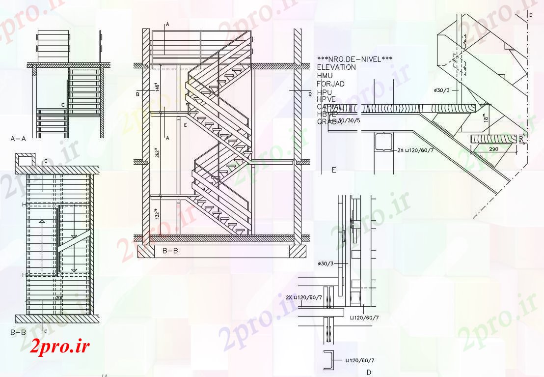 دانلود نقشه  جزئیات آسانسور و    راه پله در زیگ زاگ (کد54271)