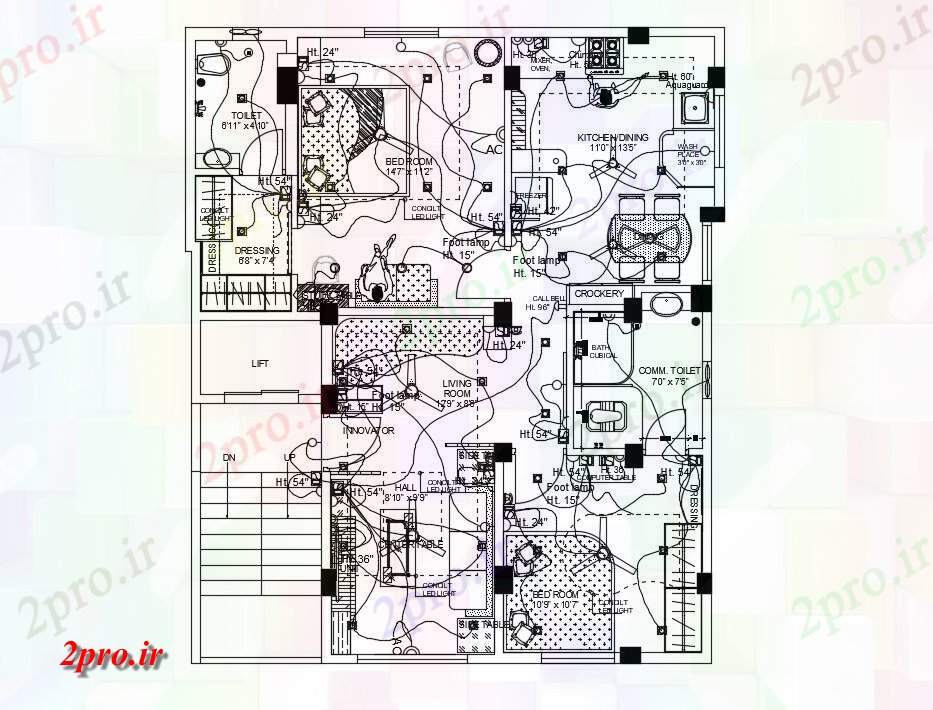 دانلود نقشه طراحی داخلی خانه سیم کشی جزئیات (کد54422)