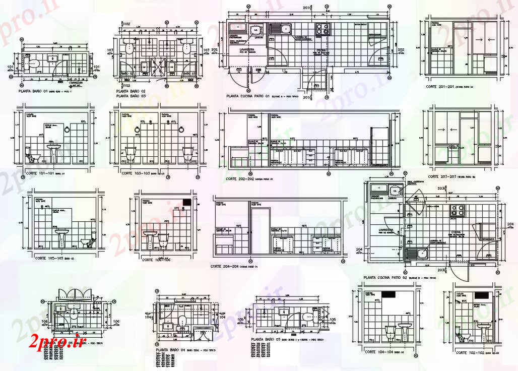 دانلود نقشه داخلی خانه حمام و آشپزخانه جزئیات 3 در 7 متر (کد54577)