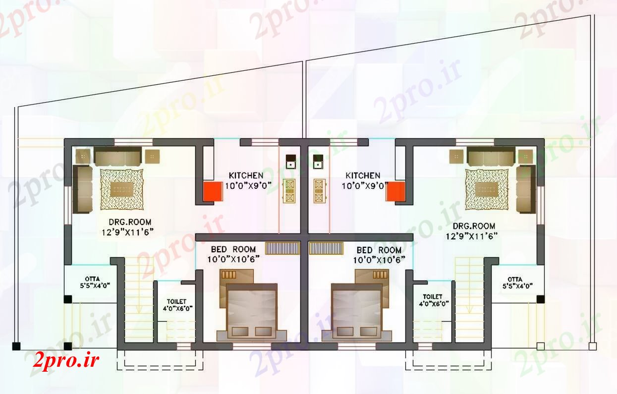 دانلود نقشه خانه های کوچک ، نگهبانی ، سازمانی - BHK خانه 12 در 14 متر (کد55113)