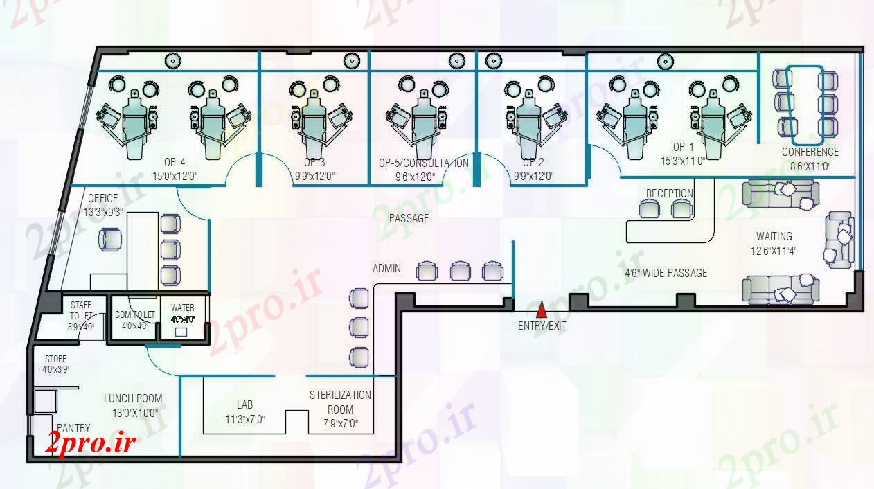 دانلود نقشه بیمارستان - درمانگاه - کلینیک طرحی چیدمان بیمارستان دندانپزشکی 10 در 21 متر (کد55147)