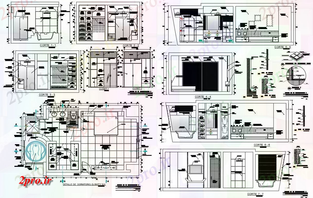 دانلود نقشه اتاق خواب مستر دار جزئیات کارشناسی ارشد اتاق خواب داخلی 5 در 10 متر (کد55286)
