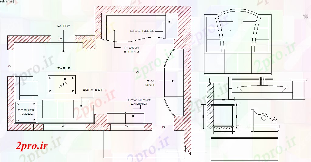دانلود نقشه اتاق نشیمن ، حال ، پذیرایی اتاق نشیمن دراز کردن طراحی 4 در 6 متر (کد55596)