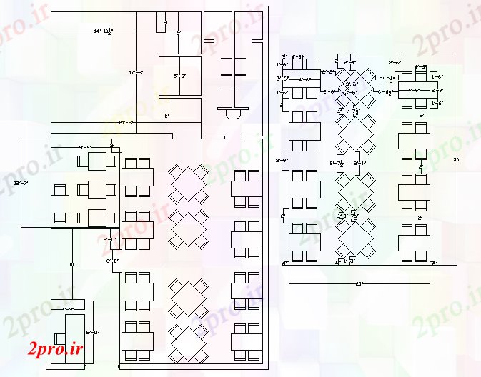 دانلود نقشه هتل - رستوران - اقامتگاه جزئیات رستوران دراز کردن 9 در 15 متر (کد55647)