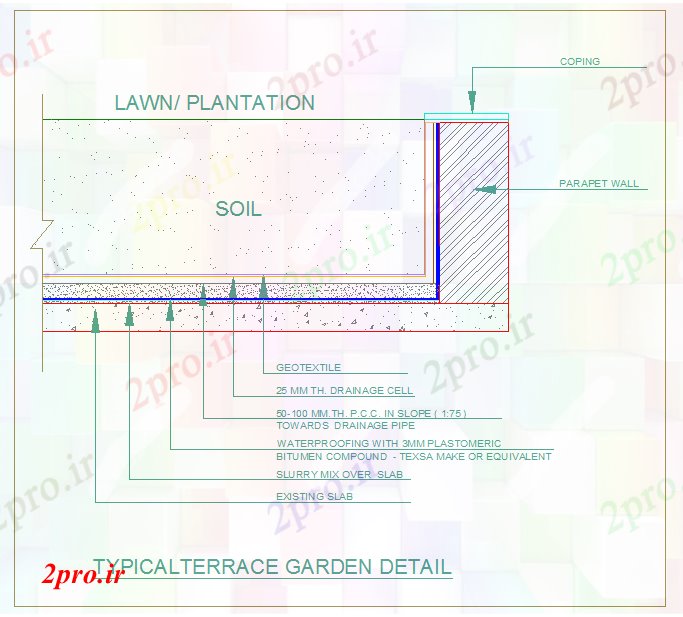 دانلود نقشه پلان مقطعی تراس نمونه جزئیات باغ  (کد55662)