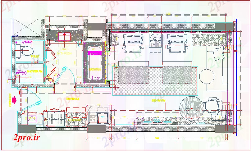 دانلود نقشه هتل - رستوران - اقامتگاه طرحی اتاق هتل 4 در 9 متر (کد55972)