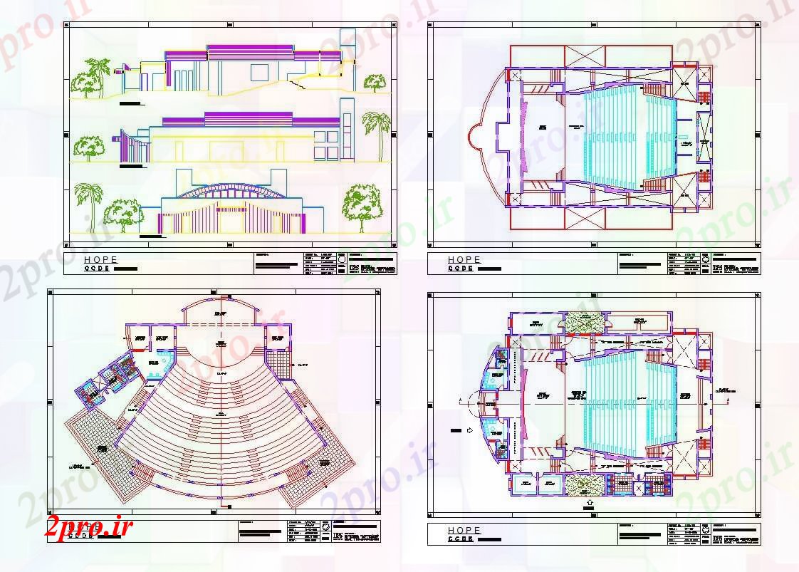 دانلود نقشه تئاتر چند منظوره - سینما - سالن کنفرانس - سالن همایشجزئیات سالن (کد56048)