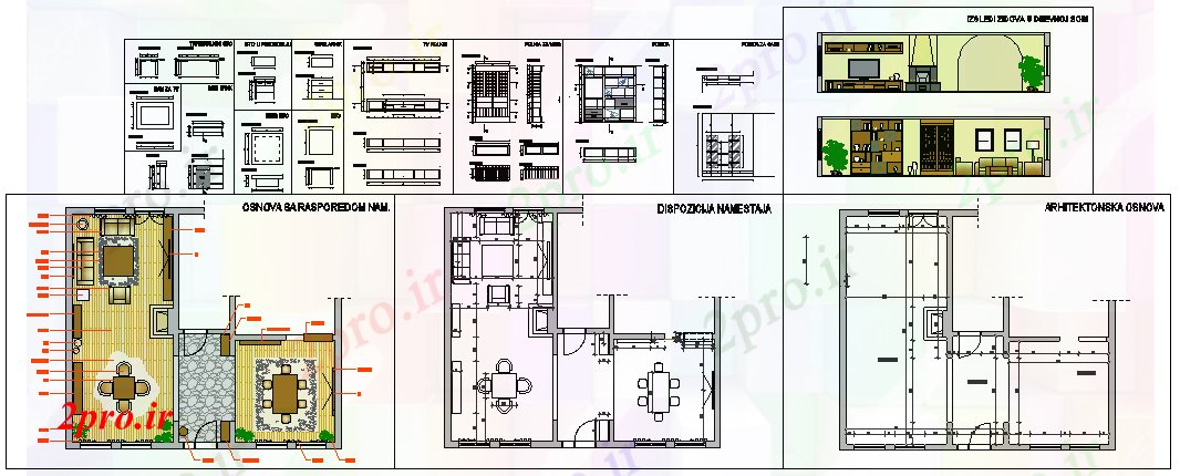 دانلود نقشه نشیمن داخلی اتاق نشیمن و اتاق ناهار خوری 11 در 12 متر (کد56134)