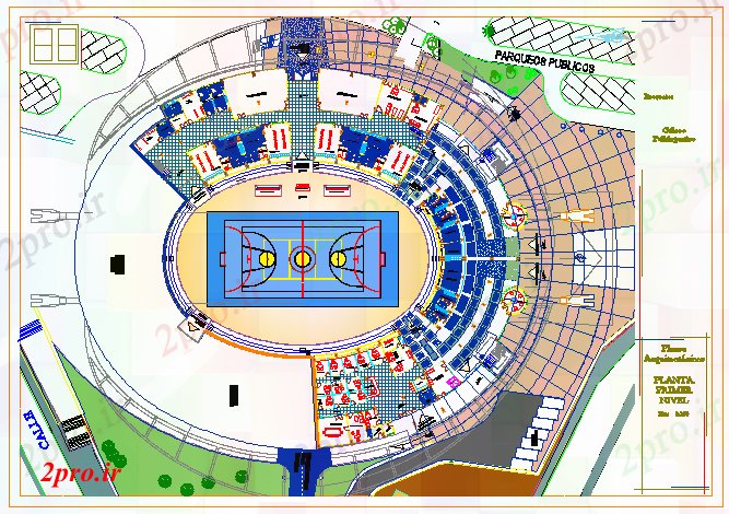 دانلود نقشه ورزشگاه ، سالن ورزش ، باشگاه به Coliseo مرکز ورزشی طراحی 110 در 143 متر (کد56413)