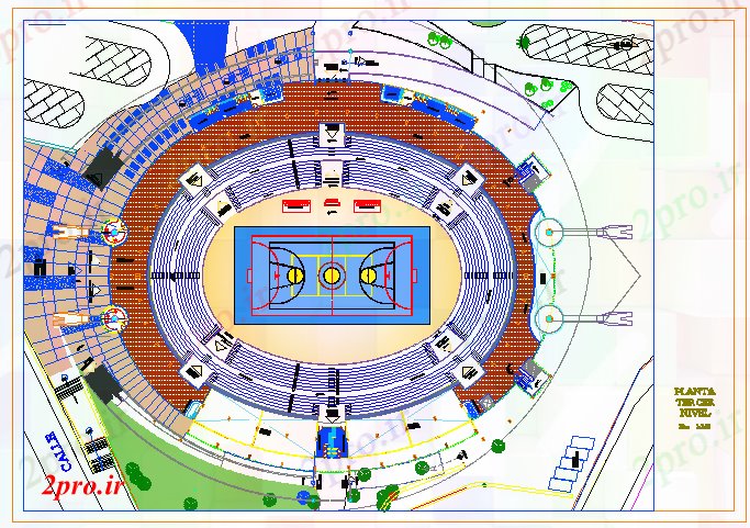 دانلود نقشه ورزشگاه ، سالن ورزش ، باشگاه طرحی تراس ورزشی مرکز طراحی 110 در 143 متر (کد56423)