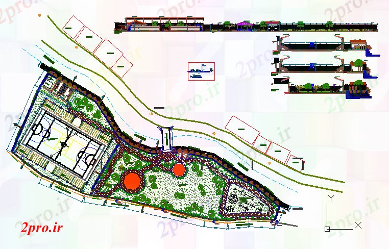 دانلود نقشه ورزشگاه ، سالن ورزش ، باشگاه ورزشی زمین طراحی معماری 43 در 135 متر (کد56471)