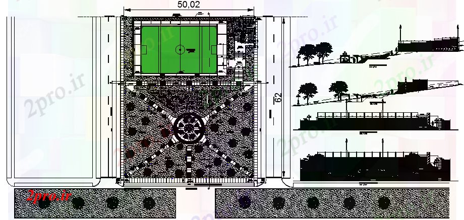 دانلود نقشه باغ محوطه سازی طرحی ها و مرکز ورزشی 4 در 9 متر (کد56589)