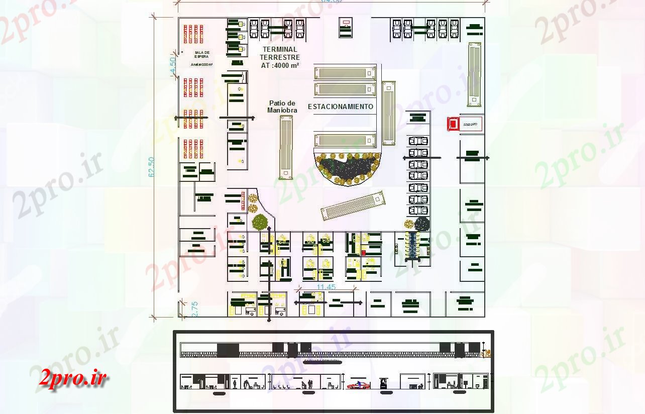 دانلود نقشه ساختمان دولتی ، سازمانی زمینی جزئیات معماری ترمینال در کانادا 62 در 64 متر (کد56627)