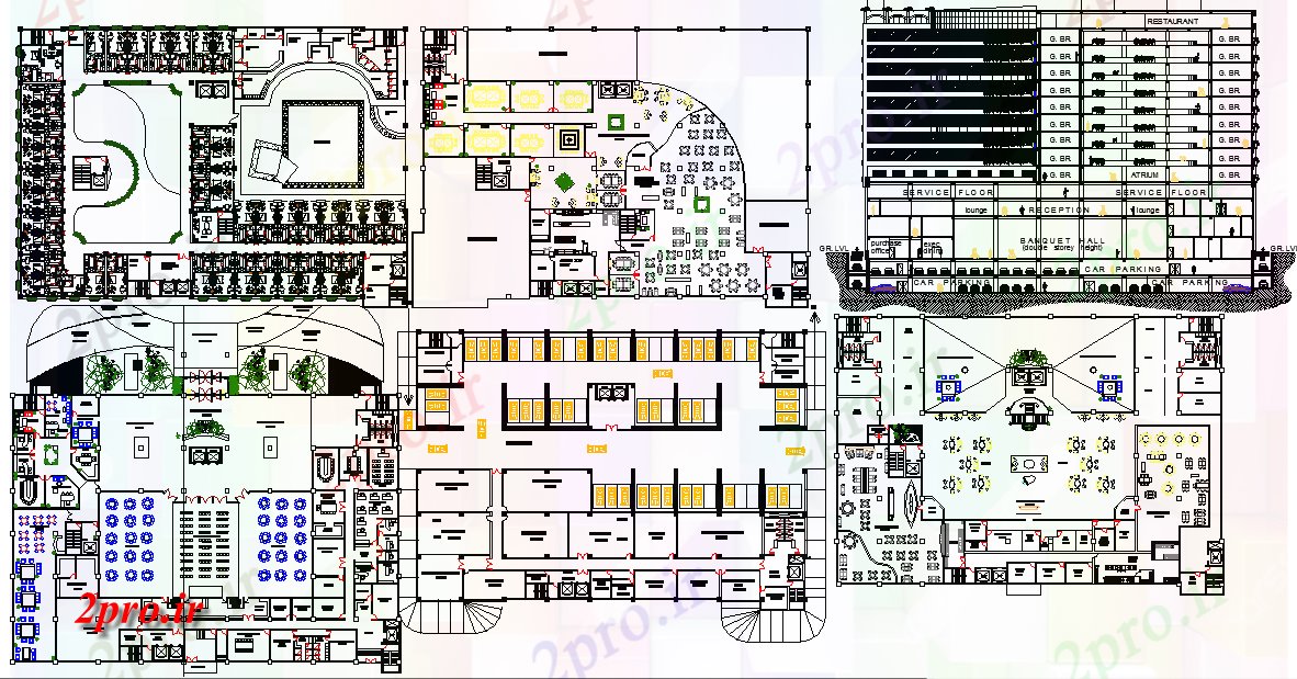 دانلود نقشه هتل - رستوران - اقامتگاه هتل جزئیات معماری 50 در 72 متر (کد56686)