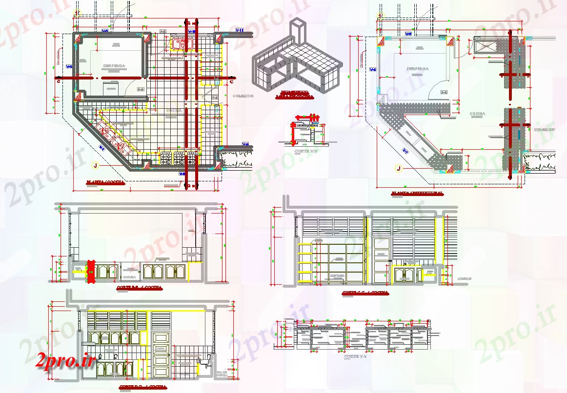 دانلود نقشه جزئیات داخلی جزئیات آشپزخانه و طراحی برای  های  مدرسه (کد56706)