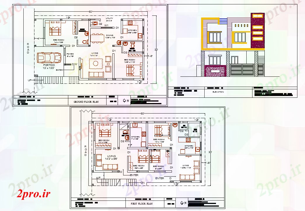 دانلود نقشه خانه مسکونی ، ویلا های برنامه اتوکد خانه 30'X50، 8 در 14 متر (کد56741)