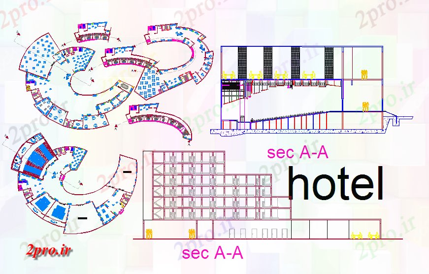دانلود نقشه هتل - رستوران - اقامتگاه هتل طراحی معماری و برنامه ریزی کاربردی 104 در 124 متر (کد57010)