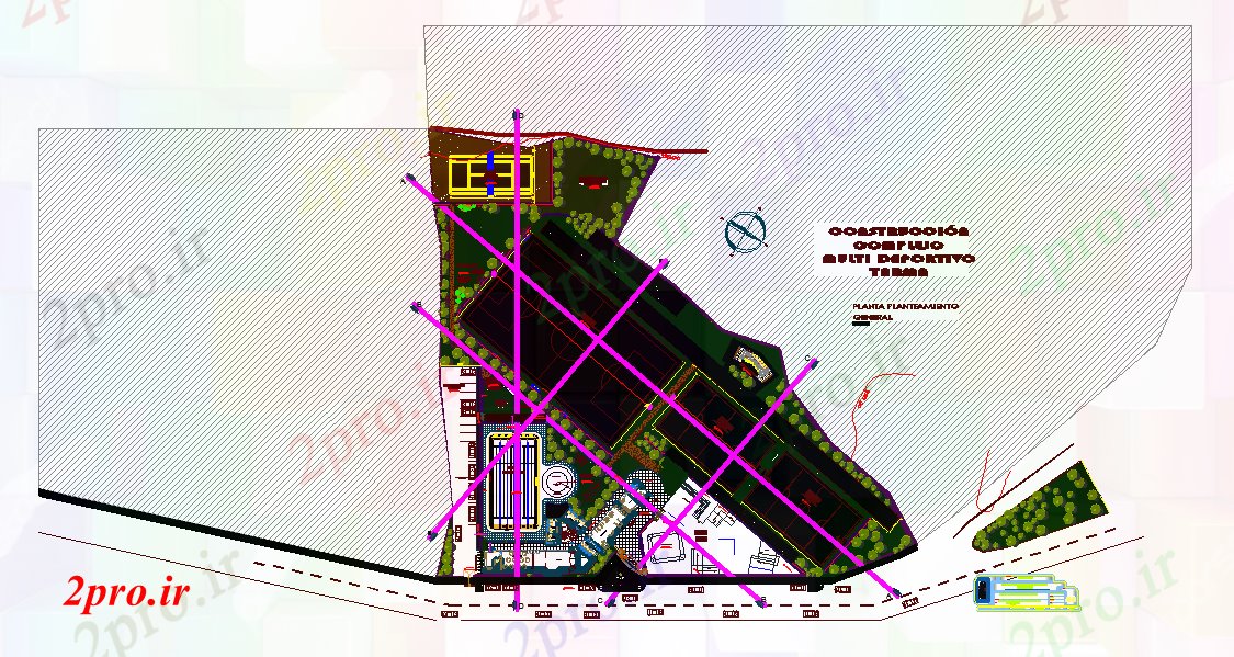 دانلود نقشه ورزشگاه ، سالن ورزش ، باشگاه طراحی مرکز ورزش 53 در 55 متر (کد57065)