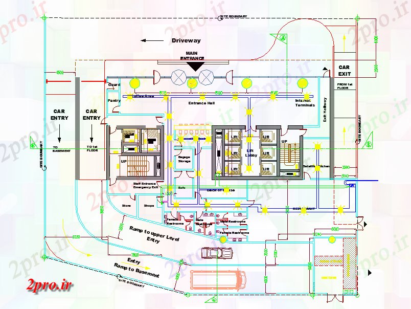 دانلود نقشه هایپر مارکت - مرکز خرید - فروشگاه خرید طرحی های طبقه پیچیده 24 در 33 متر (کد57116)