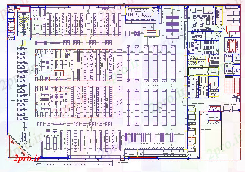دانلود نقشه هایپر مارکت - مرکز خرید - فروشگاه ساختمان تجاری طرحی طبقه 62 در 94 متر (کد57120)