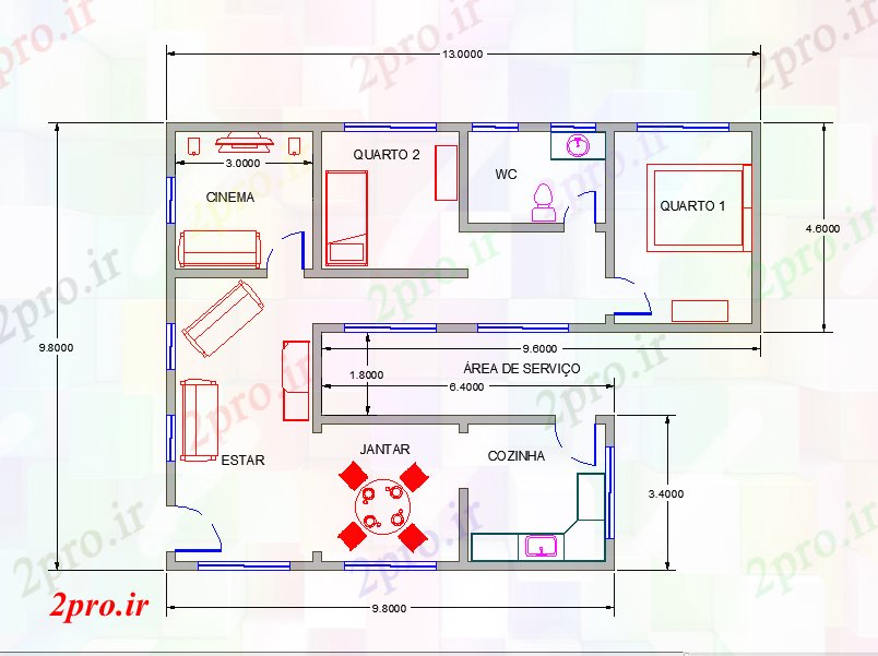 دانلود نقشه مسکونی ، ویلایی ، آپارتمان طرحی طبقه ساده دو بعدی با ابعاد 10 در 13 متر (کد57234)