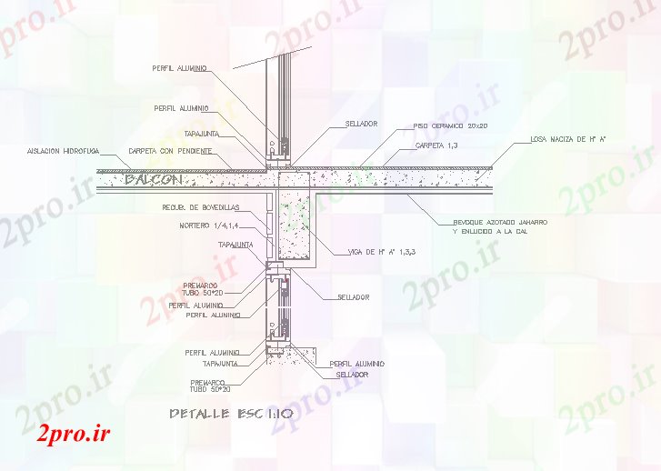 دانلود نقشه پلان مقطعی بخش بالکن  جزئیات ساختار (کد57363)