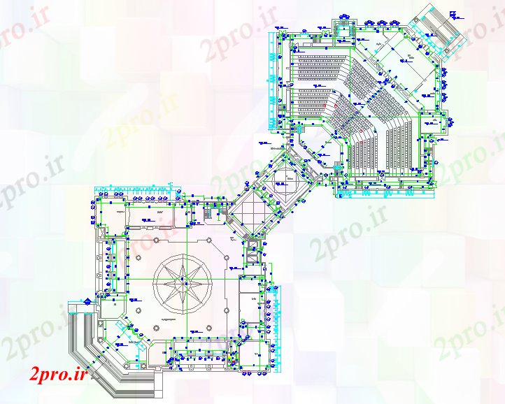 دانلود نقشه تئاتر چند منظوره - سینما - سالن کنفرانس - سالن همایشطراحی سالن 52 در 100 متر (کد57541)
