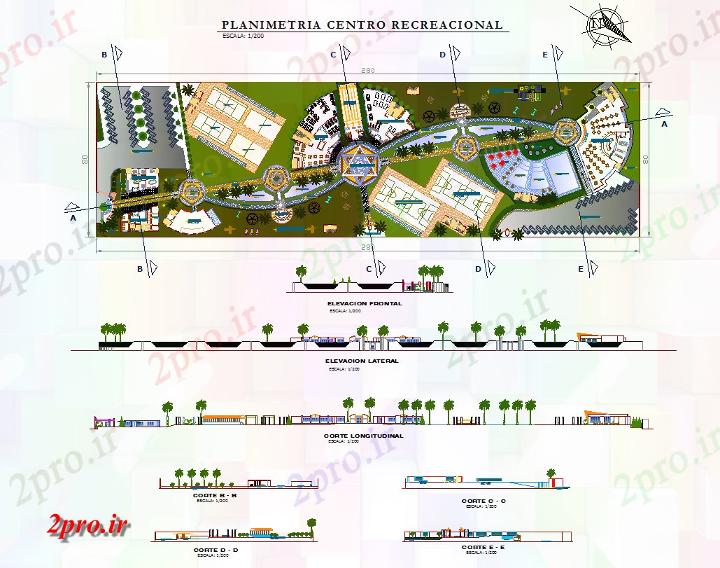 دانلود نقشه هایپر مارکت - مرکز خرید - فروشگاه تفریحی جزئیات معماری پیچیده 80 در 280 متر (کد57599)
