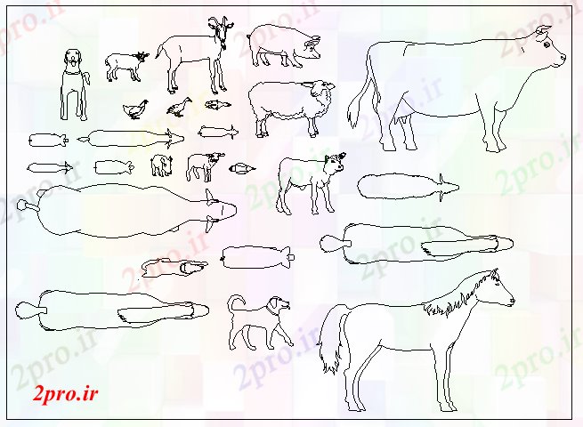دانلود نقشه بلوک حیوانات بلوک دو بعدی  از حیوانات بلوک طراحی (کد57684)