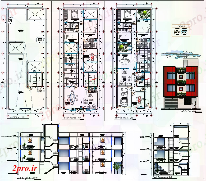 دانلود نقشه مسکونی ، ویلایی ، آپارتمان جدا معماری طرحی پروژه های خانه 8 در 23 متر (کد57728)