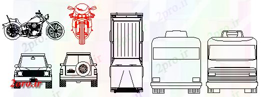 دانلود نقشه بلوک وسایل نقلیه ماشین و دوچرخه در بلوک دو بعدی  (کد57770)