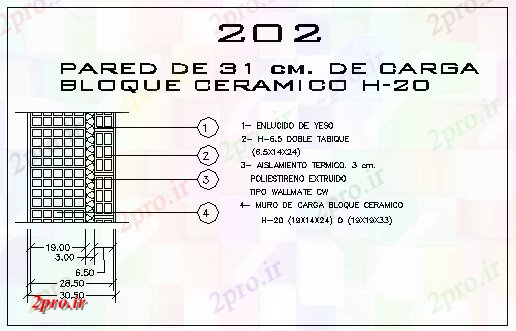 دانلود نقشه جزئیات ساخت و ساز دیوار از بلوک های سوراخ و سرامیک در 31cm ضخامت طراحی (کد57817)
