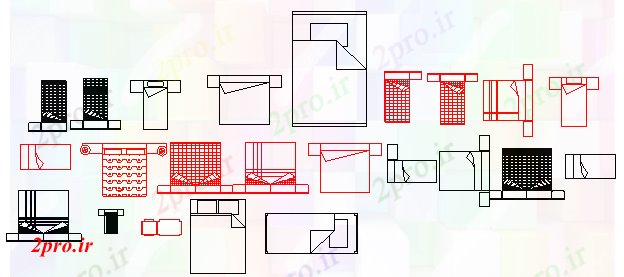 دانلود نقشه بلوک مبلمان انواع دو بعدی  از چندین تخت بلوک طراحی (کد58110)