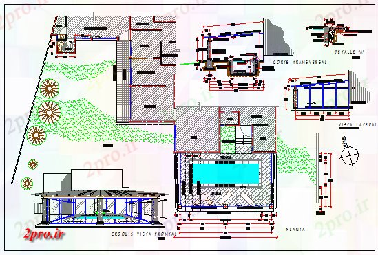 دانلود نقشه هتل - رستوران - اقامتگاه شنا جزئیات طراحی 23 در 27 متر (کد58228)