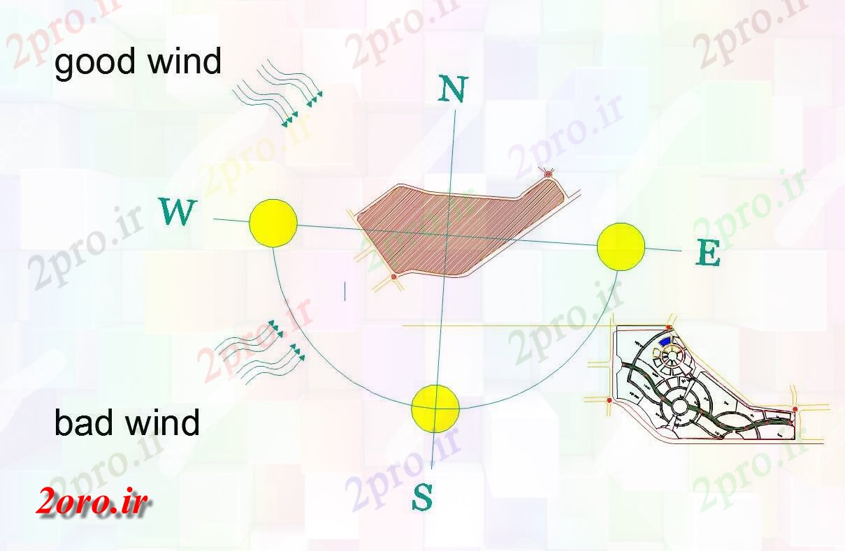 دانلود نقشه جزئیات معماری طرحی جامع جهت باد در مورد برنامه ریزی معماری خانه (کد58309)