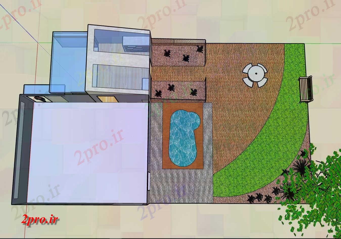 دانلود نقشه خانه های سه بعدی اقامت با یک باغ  و یک شنا (کد58369)