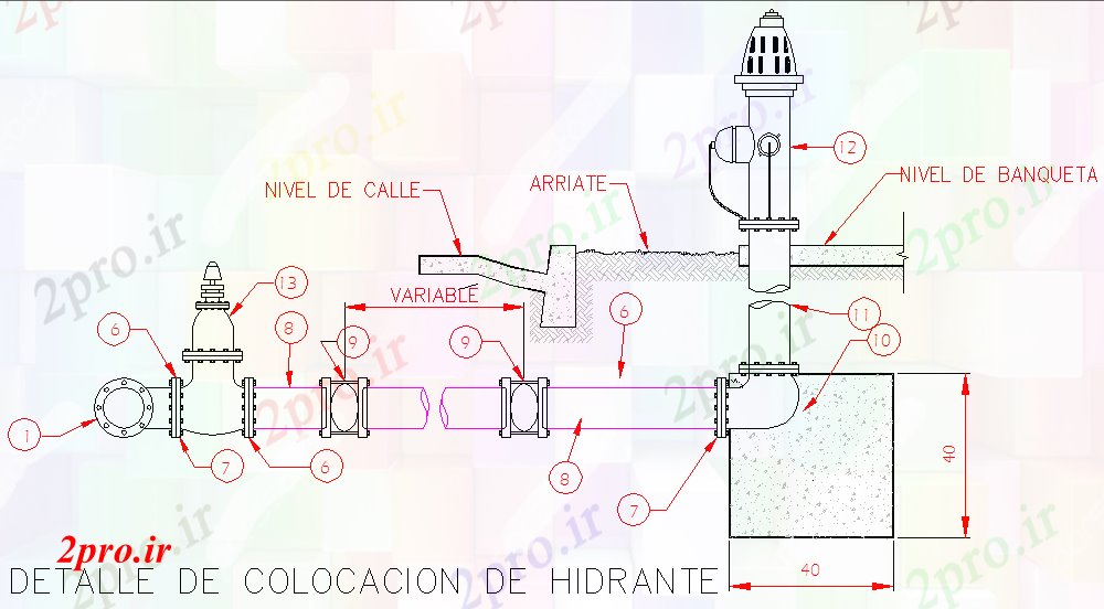 دانلود نقشه جزئیات ساخت و ساز جزئیات نصب و راه اندازی شیر آتش نشانی (کد58496)