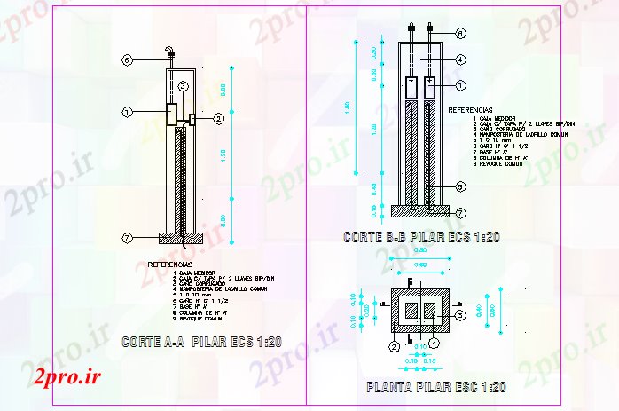 دانلود نقشه جزئیات ساخت و ساز formeters جزئیات ستون برق (کد58548)