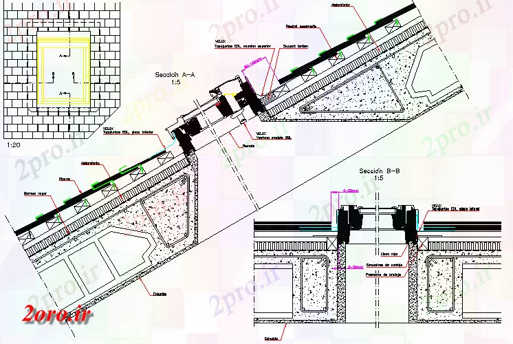 دانلود نقشه جزئیات ساخت و ساز جزئیات پنجره در سقف شیب دار (کد58564)