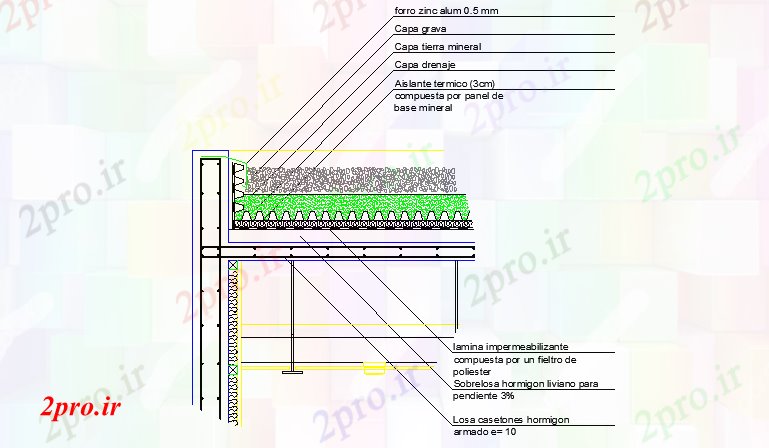 دانلود نقشه جزئیات ساخت و ساز جزئیات یک سقف محیط زیست (کد58969)