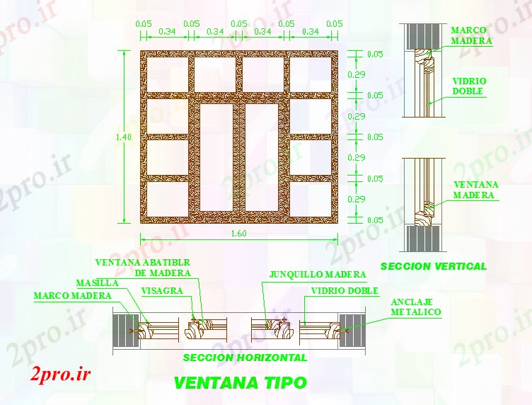 دانلود نقشه جزئیات ساخت و ساز جزئیات یک پنجره (کد59034)