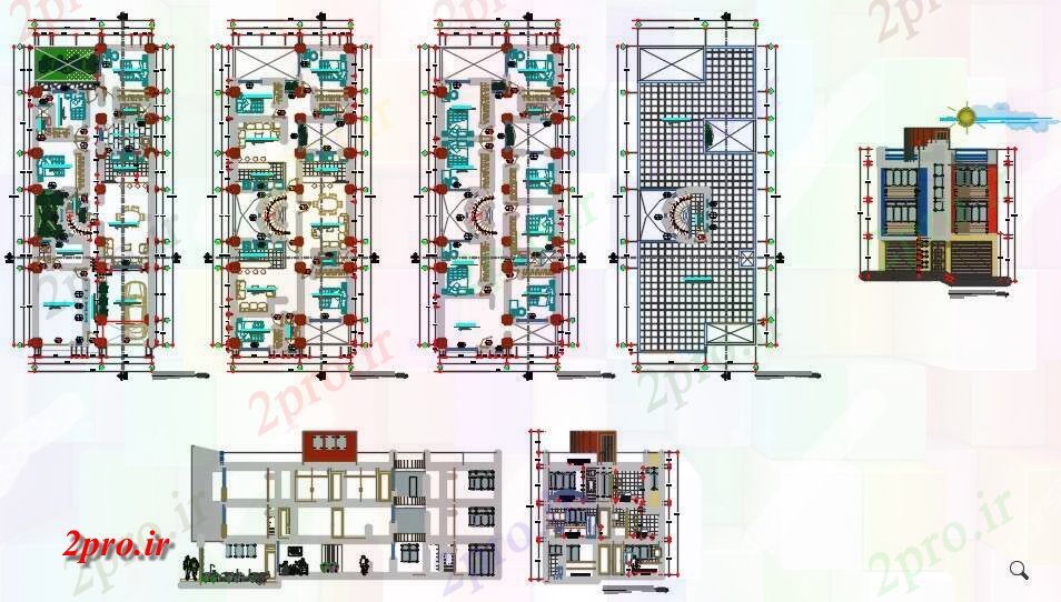 دانلود نقشه مسکونی ، ویلایی ، آپارتمان مسکن خانواده Multipple 9 در 22 متر (کد59051)