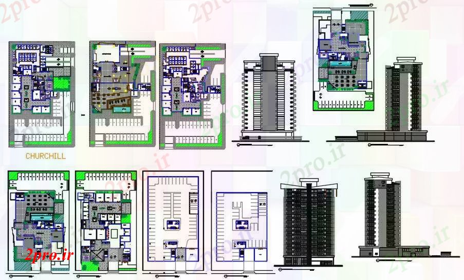 دانلود نقشه ساختمان اداری - تجاری - صنعتی ساختمان شرکت و برج آپارتمان   تریدی و دو بعدی  (کد59059)