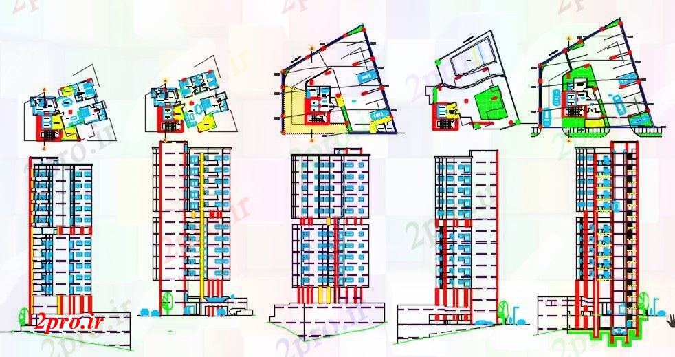 دانلود نقشه ساختمان مرتفعبرج 10 طبقه آپارتمان 15 در 19 متر (کد59076)