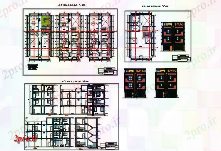 دانلود نقشه ساختمان مرتفعآپارتمان مسکونی با فضاهای تجاری فروشگاه های 9 در 13 متر (کد59102)