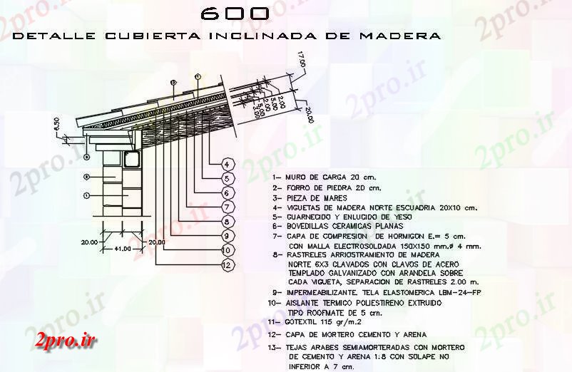 دانلود نقشه جزئیات معماری سقف شیب دار چوبی با پوشش سنگ (کد59127)