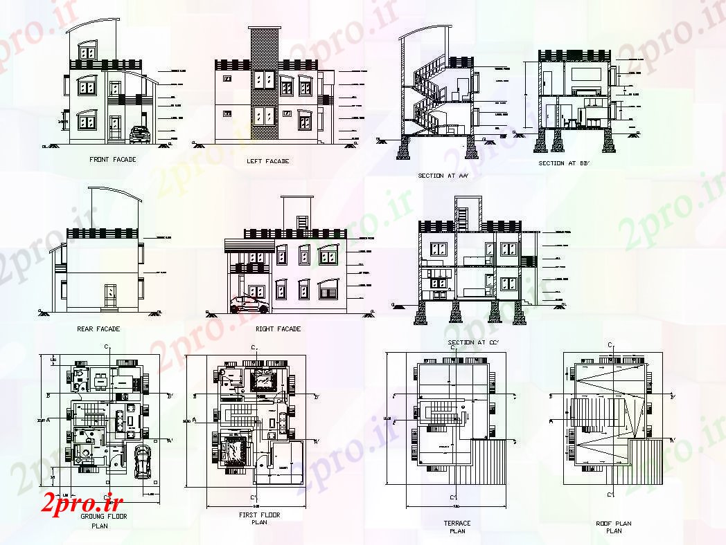 دانلود نقشه مسکونی ، ویلایی ، آپارتمان طرحی خانه و نما 9 در 12 متر (کد59166)