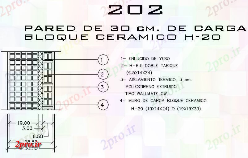 دانلود نقشه جزئیات ساخت و ساز دیوار از بلوک های سوراخ ضخامت 31cm سرامیک (کد59186)